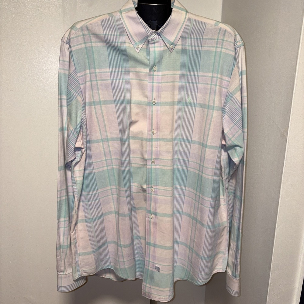 Ralph Lauren Men's Pink & Green Plaid Long Sleeve Custom Fit Shirt Size: XL
